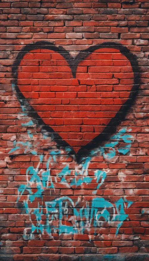80 年代的紅磚牆上畫著大膽復古的心形塗鴉，充滿活力的流行街頭藝術色彩。