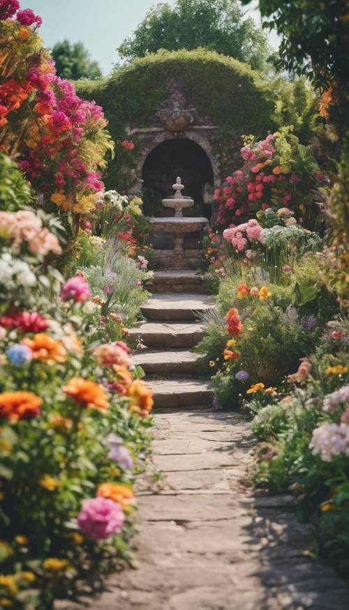 Un jardín tranquilo en un día de verano lleno de flores vibrantes y coloridas.