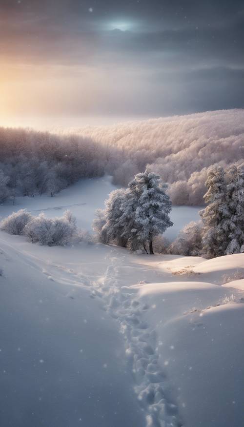 Phong cảnh đầy tuyết được chiếu sáng bởi ánh sáng yếu ớt của cầu vồng đen.