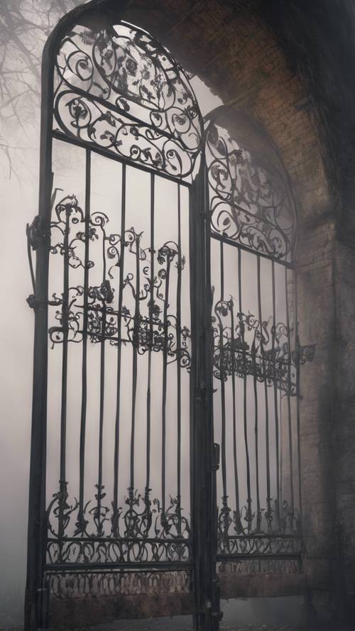 Una antigua y extensa puerta gótica de hierro forjado negro, envuelta en una espesa niebla.
