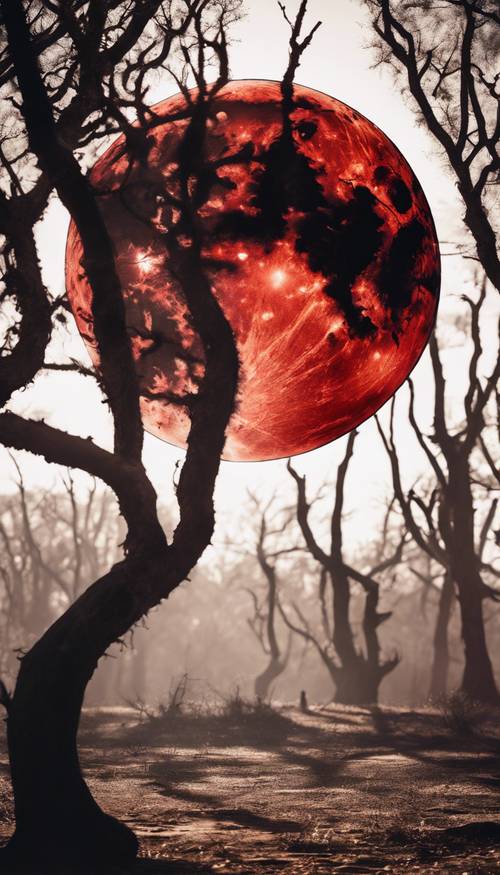 A blood-red moon casting long dreadful shadows under gnarly trees