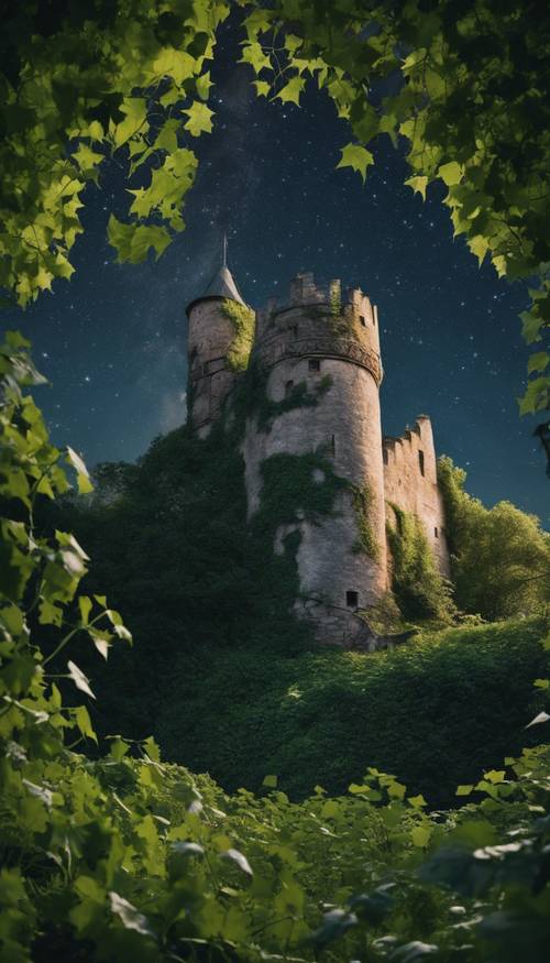 Un château de pierre abandonné envahi par le lierre sauvage sous le ciel étoilé d’une nuit scandinave.