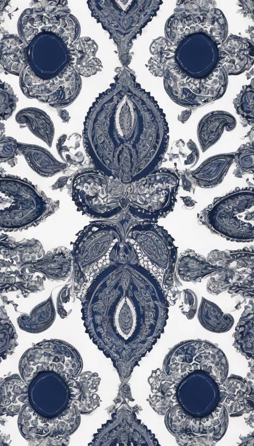 A symmetrical layout of paisley motifs in navy blue on a white backdrop.