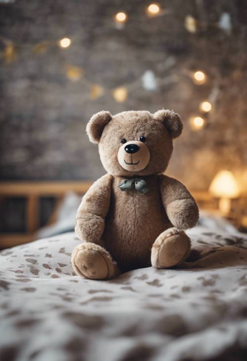 A plush toy bear with a cute camo pattern, sitting alone on a child's bed in a cozy room. Tapet [e0cb4b4e08e54457b2a1]
