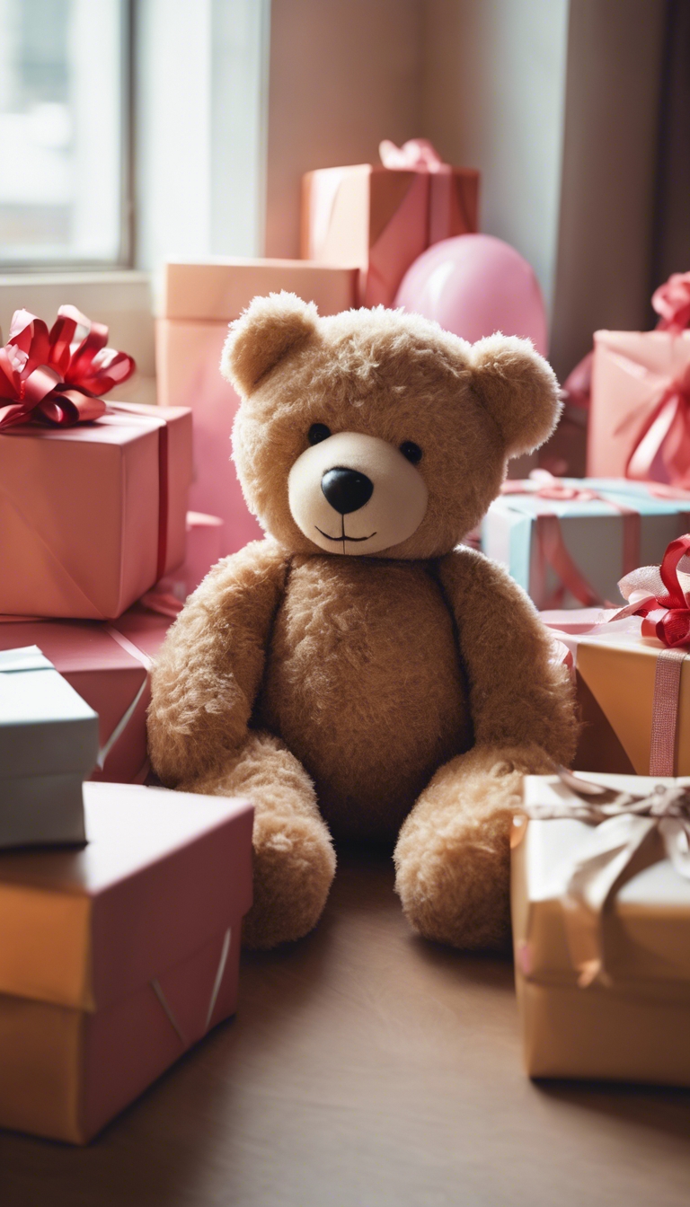 A fluffy teddy bear lying next to wrapped birthday presents. Tapet[eb389188d38748dda8b2]