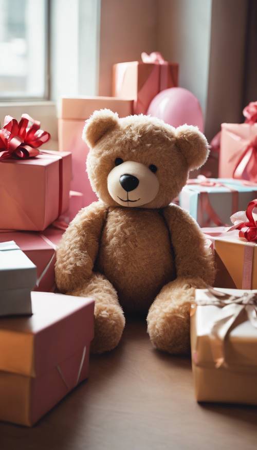 一只毛茸茸的泰迪熊躺在包装好的生日礼物旁边。