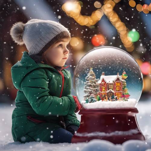 A small child peering with wide-eyed wonder at a colorfully decorated snow globe, with Santa's sleigh flying over a little snowy town.