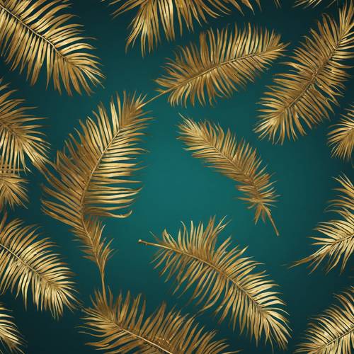 Przypominający tapetę wzór złotych liści palmowych rozłożonych na głębokim turkusowym tle.