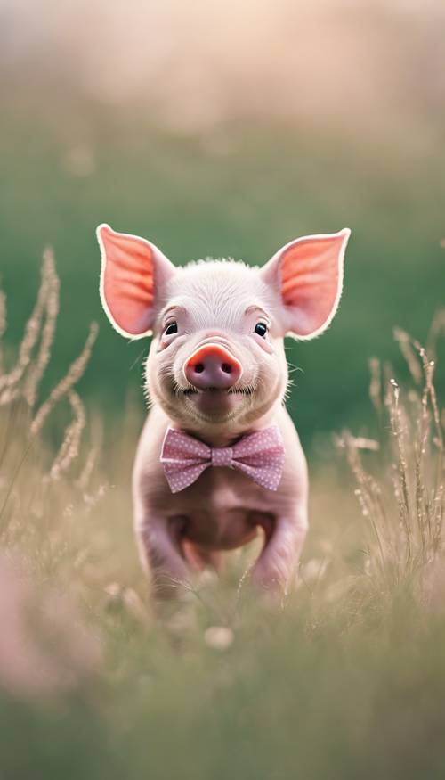 A cute piglet wearing a pastel pink bowtie, cheerfully rolling around in a field of grass.