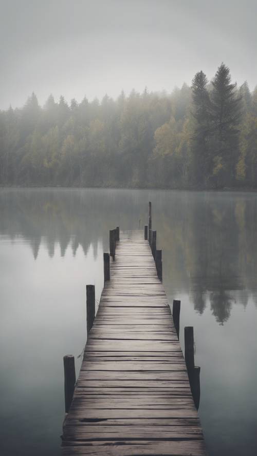 An abandoned wooden jetty on a calm, foggy lake under a gray sky.