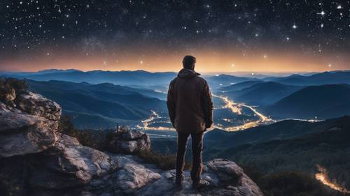 Un hombre contemplando una noche estrellada desde lo alto de una montaña, la tranquilidad de la escena refleja la frase &quot;La vida no tiene limitaciones, excepto las que tú creas&quot;.