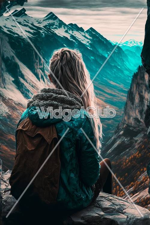 壮大な山の景色と冒険心溢れる女性壁紙