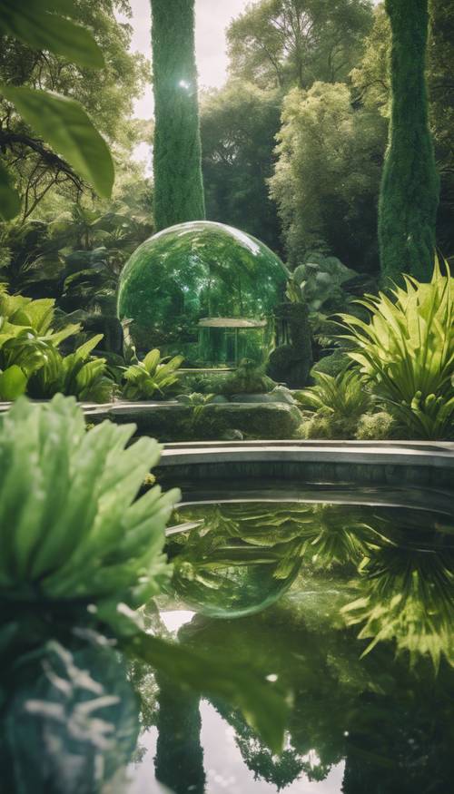 لقطة واسعة الزاوية لحديقة نباتية مع حوض سباحة عاكس واضح تمامًا في المنتصف، وظلال متعددة الأبعاد من اللون الأخضر تعكس إحساسًا بالهدوء.