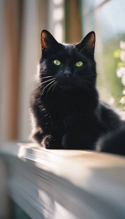 Um elegante gato preto com olhos verdes brilhantes, sentado confortavelmente no parapeito de uma janela ensolarada. Papel de parede [e3c41b72c135415f8697]