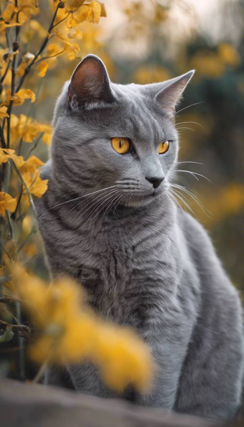 Seekor kucing abu-abu dengan mata kuning cerah dan mencolok sedang mencari tikus.
