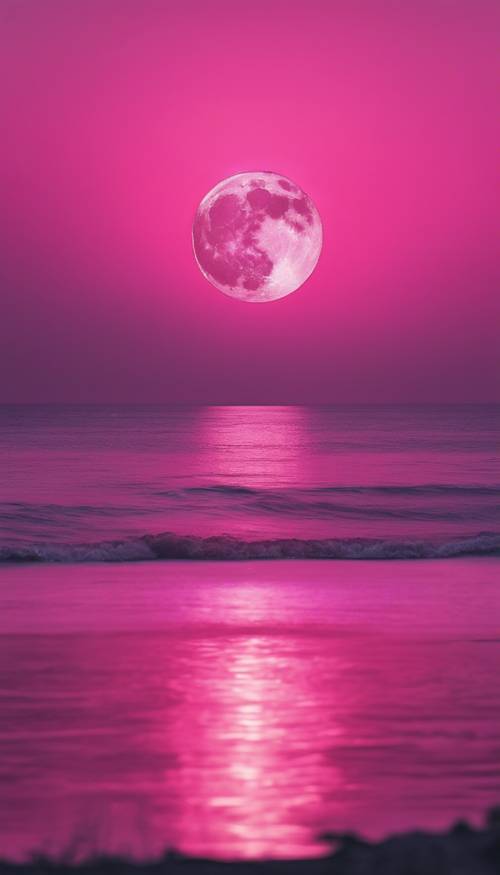 Uma lua cheia rosa brilhante projeta uma aura misteriosa sobre um oceano tranquilo.