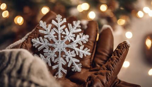 A beautiful closeup of a snowflake on a brown leather glove during Christmas time.