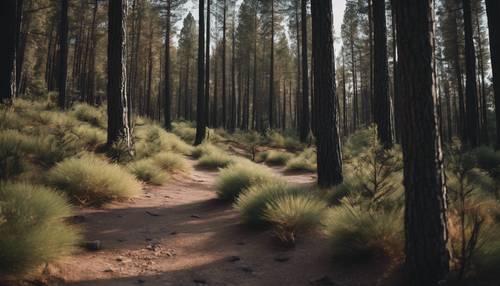 徒步小径蜿蜒穿过高大的黑松树林。