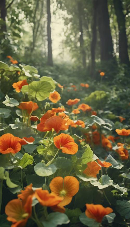 A surreal scene where giant nasturtium flowers are growing in place of trees in a fantasy forest.