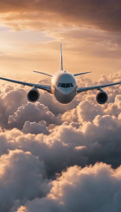 ฉากอันงดงามของเครื่องบินที่ผ่าเมฆปุยฝ้ายในช่วงพระอาทิตย์ตก