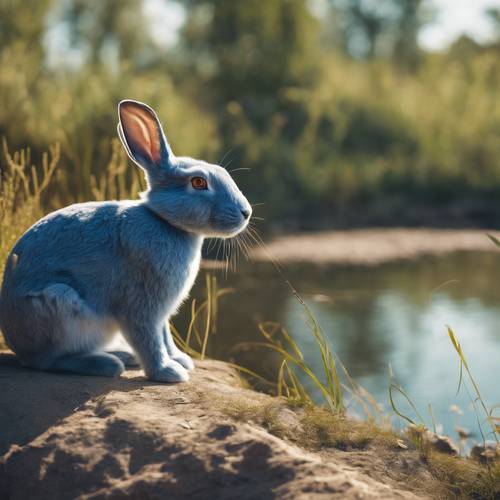 Geniş kırsal kesimdeki bir göletin yanında güneşlenmenin tadını çıkaran mavi bir tavşan.