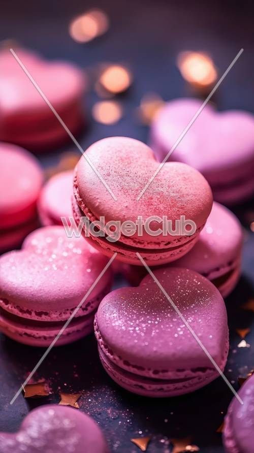 Macarons rosa em formato de coração em fundo escuro