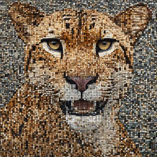 Ein großes Mosaikkunstwerk aus winzigen Kacheln, das aus der Ferne betrachtet die Illusion von Gepardenflecken erzeugt.