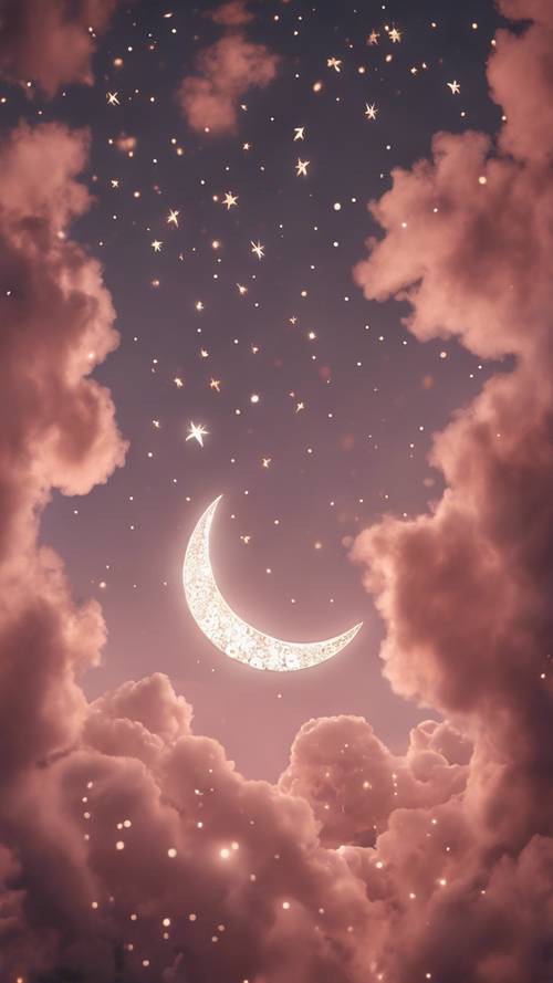 Nuvole color oro rosa da sogno tempestate di stelle e una falce di luna in una afosa notte estiva.