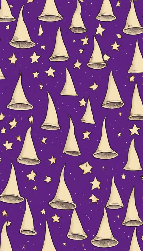 A pattern of various witches hats adorned with stars on a purple background. Wallpaper [f7e6b474bb9c4cb488b5]