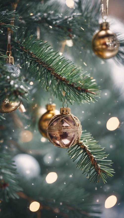 Botanical aesthetic of a pine tree adorned with homemade New Year’s ornaments.