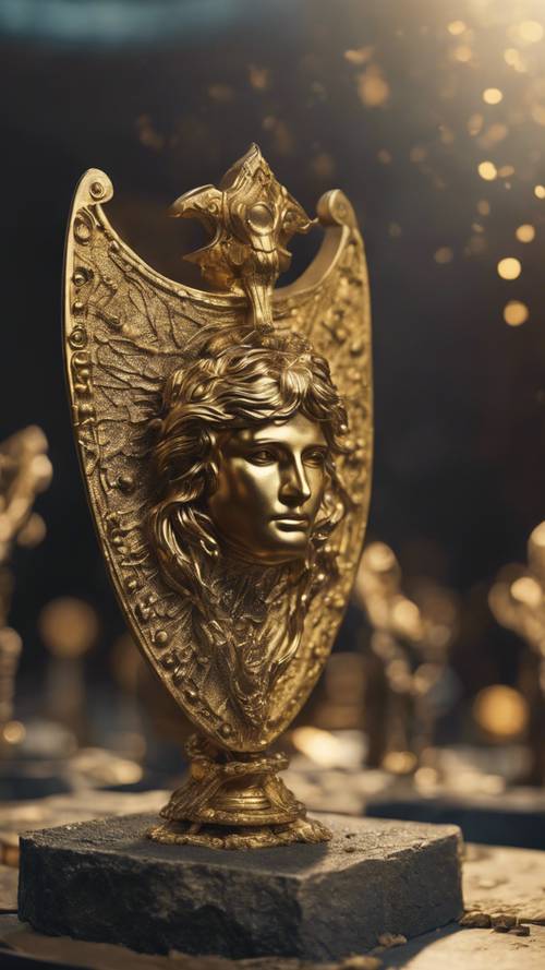 The shimmering golden shield of Perseus reflecting Medusa's stone-forming gaze.