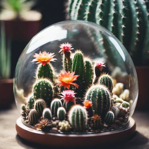 A collection of various types of small, cute cacti with flowers, beautifully arranged in a glass terrarium.