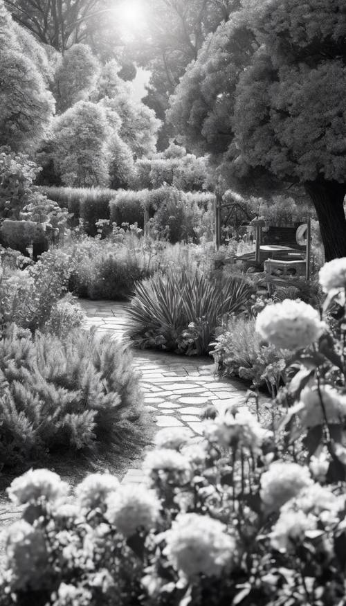 A black and white sketch of a garden in full bloom under a midday sun.