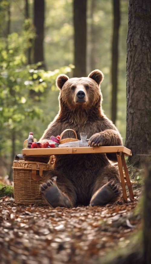 A hilarious scene of a brown bear sitting with a picnic basket in a forest.