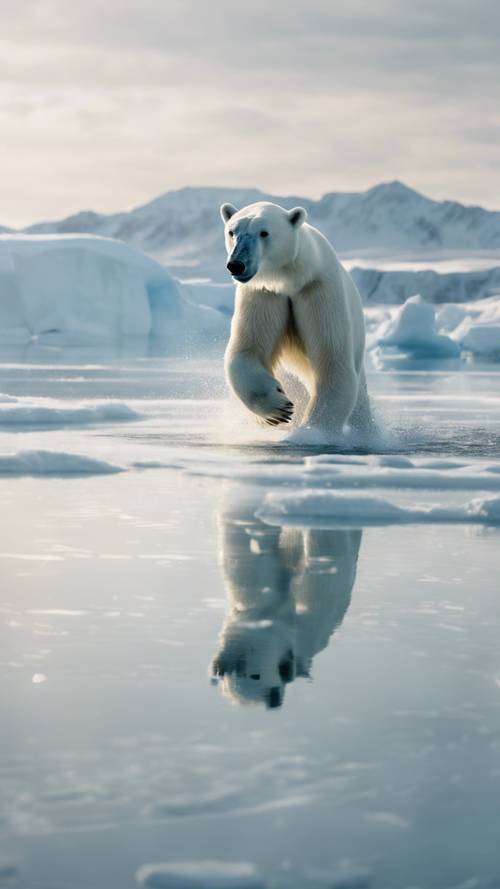 סצנה מעוררת כבוד של דוב קוטב רב עוצמה צולל לתוך המים הארקטיים הקפואים לציד.