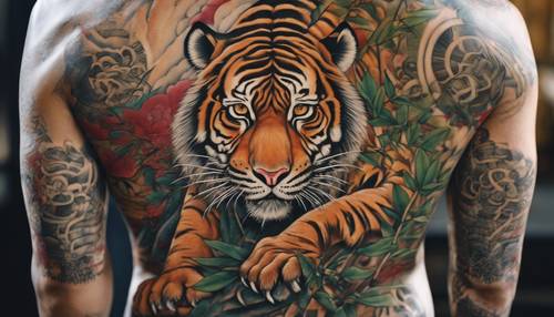 Auffälliges traditionelles japanisches Yakuza-Tattoo, das auf dem Rücken einen Tiger und Bambus zeigt. Hintergrund [1c62b7198a694490a456]