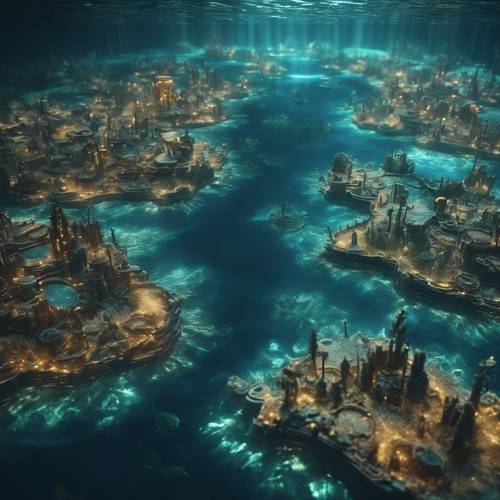 Imaginary underwater topographical map of the lost city of Atlantis, located in the dark depths of the ocean