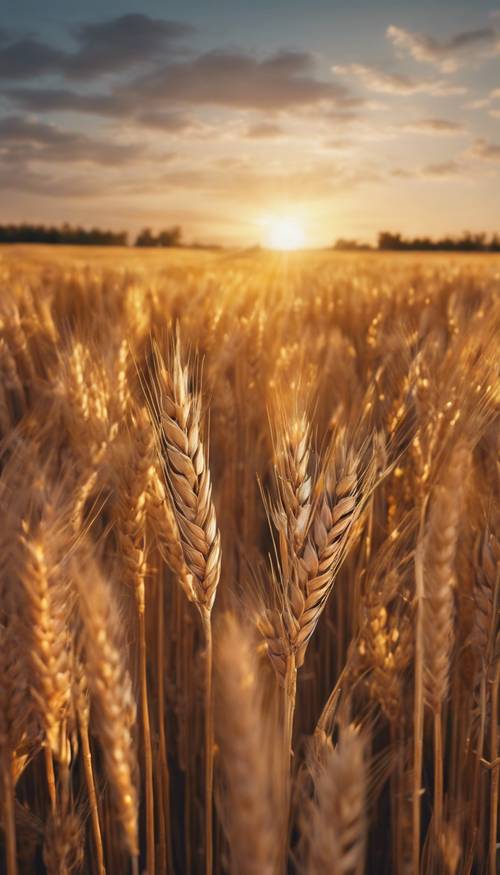 Ladang gandum luas berkilauan di bawah sinar matahari terbenam yang keemasan.