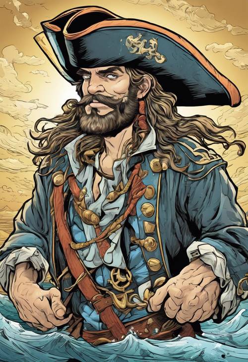 一幅卡通肖像画，描绘的是一位勇敢的海盗在波涛汹涌的大海中航行寻找失去的宝藏。