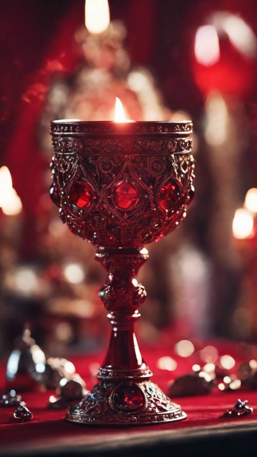 明亮的紅色哥德式聖杯，鑲嵌著珠寶