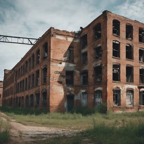 A panoramic view of old vintage brick buildings in an abandoned industrial area.