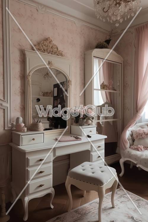 Phòng màu hồng trang nhã có gương cổ điển và trang trí hoa