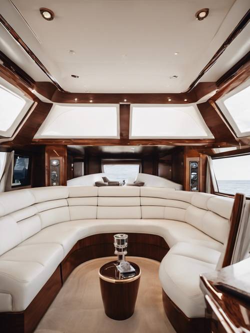 A detailed interior shot of a luxury yacht featuring white leather seating and polished wood.