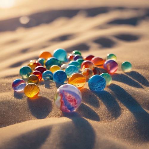 Vivid marbles nestled in the sand, reflecting the first glimmers of sunrise. Tapeta [d1855ed6471f42f3b383]