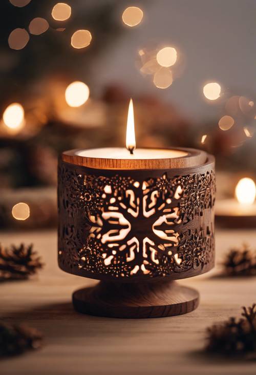 A brown wooden Christmas candle holder with intricate snowflake patterns.