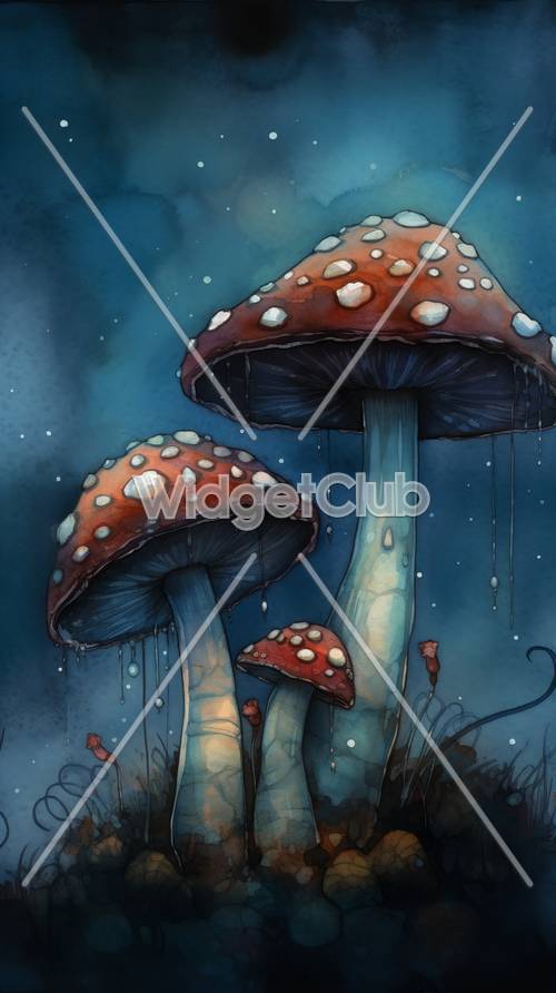 Mystical Red Mushrooms in a Blue Forest