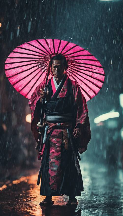 雨の中でネオン光る刀を持った着物を着た武士の壁紙