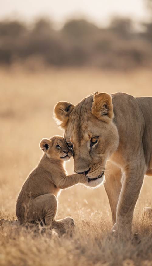 A baby lion cub playing with its mother in a savannah.