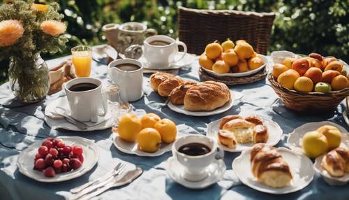 Ein wunderschön gedeckter Brunchtisch in einem sonnendurchfluteten Garten, gefüllt mit frischem Obst, Gebäck und Kaffeetassen. Hintergrund [732f83a7fdb5477cb490]