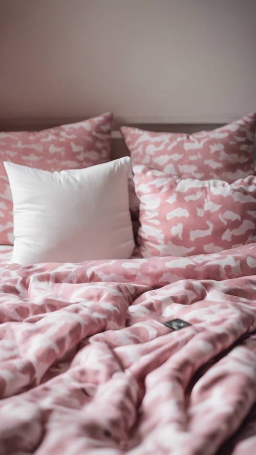 Ein modernes, gemütliches Bett mit rosa Bettlaken im Kuhmuster und weißen Kissen.